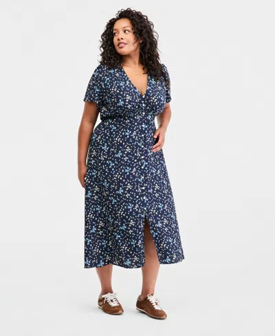 Levi's Plus Size V-neck Button-front A-line Midi Dress In Blue