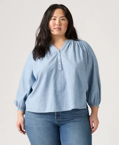 Levi's Plus Size V-neck Chambray Relaxed Fit Reverie Cotton Top In Blue