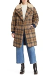 Levi's® Quilted Plaid Double Breasted Coat With High Pile Fleece Collar In Brown Plaid