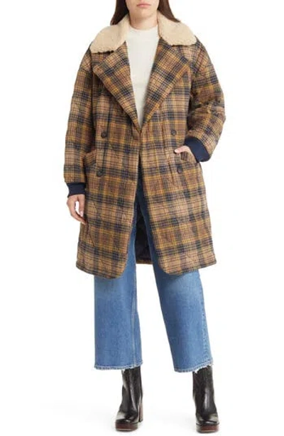 Levi's® Quilted Plaid Double Breasted Coat With High Pile Fleece Collar In Brown Plaid