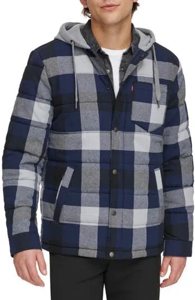 Levi's® Quilted Plaid Hooded Shacket In Cream/navy Plaid