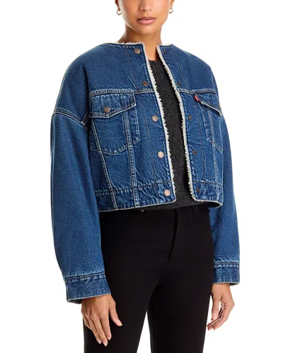 Levi's Sherpa Lined Cropped Denim Trucker Jacket In Blue