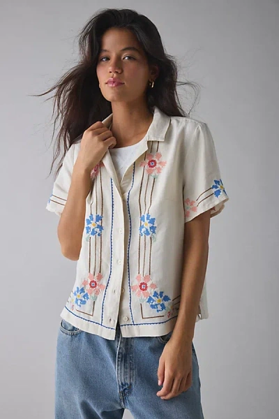 Levi's Sonny Linen Blend Novelty Camp Shirt Top In Neutral Pattern, Women's At Urban Outfitters In White
