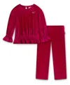 Levi's Little Girls 2-piece Long Sleeve Top And Wide Pants Velour Set In Red