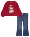 Levi's Little Girls 2-piece Ruched Crewneck Top And Flared Jeans Set In Burgundy