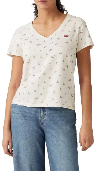 Levi's T-shirt Women Ivory Ditsy Floral Cotton Short Sleeve V-neck Pall613 In White