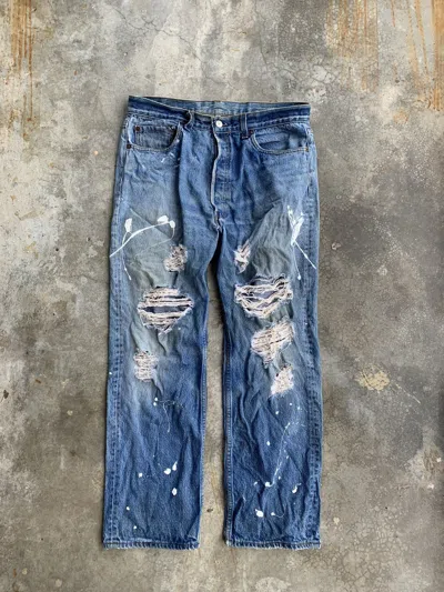 Pre-owned Levi's Vintage 90's Levis Distressed Painted Denim Pant In Blue