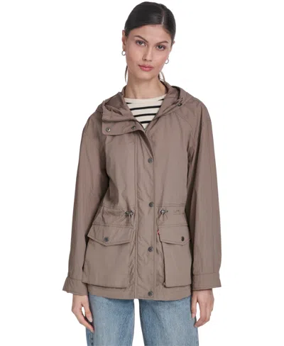 Levi's Women's Cinch-waist Hooded Rain Anorak Jacket In Brown