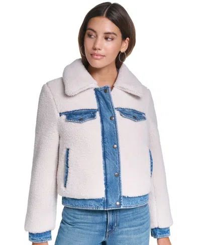 Levi's Women's Denim Sherpa Quilted-lined Jacket In Cream,medium Wash Denim