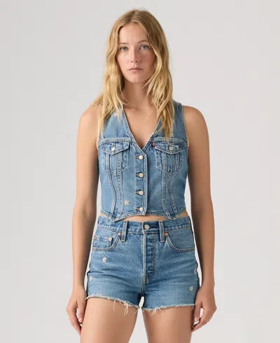 Levi's Women's Embroidered Mainline V-neck Cotton Racer Vest In Blue