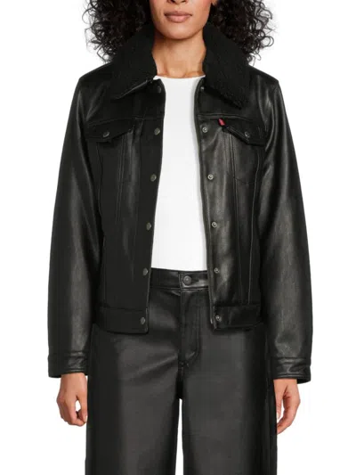 Levi's Women's Faux Leather & Faux Shearling Trimmed Collar Trucker Jacket In Black