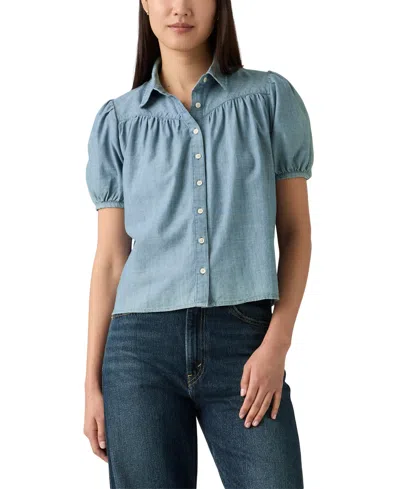 Levi's Women's Lea Printed Puff-sleeve Slim-fit Blouse In Blue
