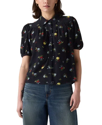Levi's Women's Lea Printed Puff-sleeve Slim-fit Blouse In Black