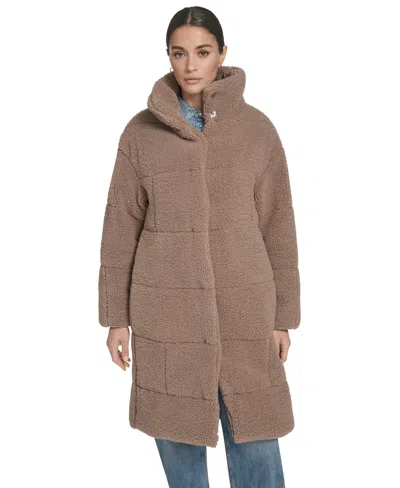 Levi's Women's Long Sherpa Snap-closure Teddy Coat In Brown