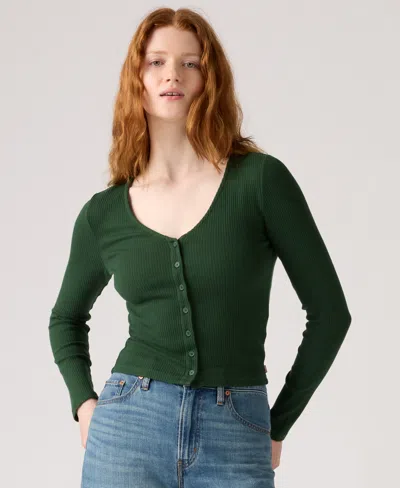 Levi's Women's Muse Ribbed Long-sleeve Button-up Top In Green