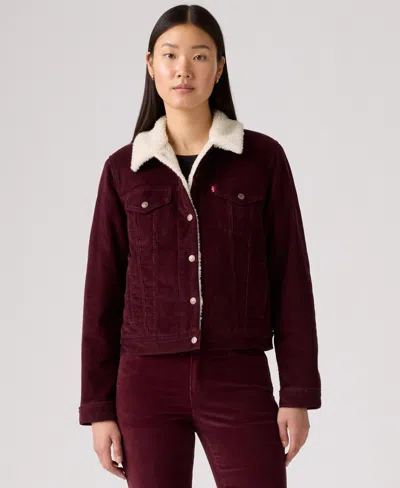 Levi's Women's Original Denim Trucker With Sherpa Lining In Burgundy