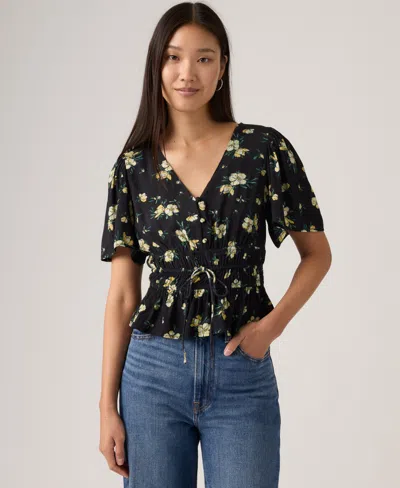 Levi's Women's V-neck Floral-print Short-sleeve Blouse In Black