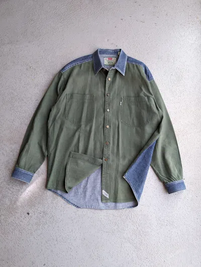 Pre-owned Levis X Levis Vintage Clothing Vintage 80's Levi's Denim Cowboy Shirt Green/navy Double In Navy/green