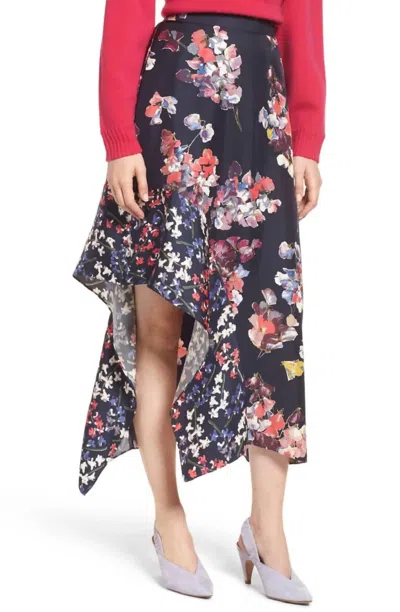 Lewit Floral Print High Low Silk Midi Skirt In Navy In Blue