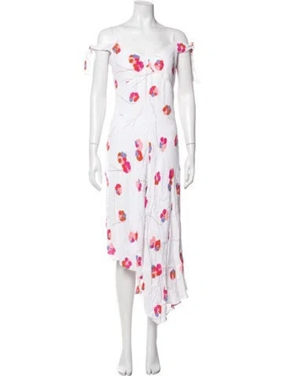 Pre-owned Lewit Floral Print Midi Length Dress In White