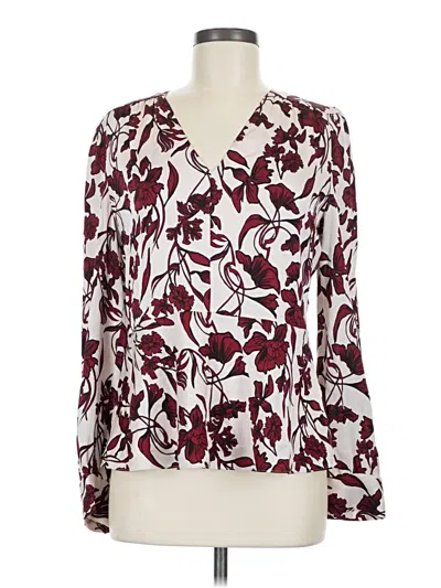 Pre-owned Lewit Long Sleeve Silk Top Burgundy Plunge Neckline Tops