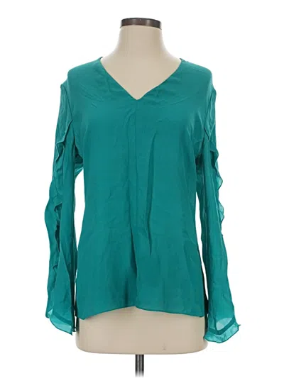 Pre-owned Lewit Long Sleeve Silk Top Teal Solid Pattern V-neck Tops In Blue