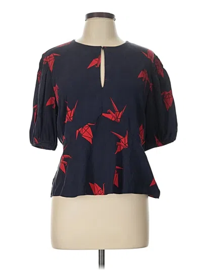 Pre-owned Lewit Short Sleeve Silk Top Red Keyhole Neckline Tops