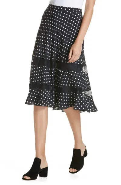 Lewit Silk Midi Skirt A Line Polka Dot Lace Trim In Blue