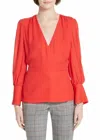 Lewit Surplice V-neck Silk Long Sleeve Blouse Top In Red