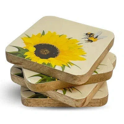 Lexi Home Mango Wood 4 X 4 Sunflower Bee Coasters In Brown,white,yellow