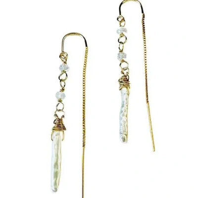 Lexi Jewelry Women's Gold / White Moonstone & Pearl Stick Golden Threader Earrings In Pattern