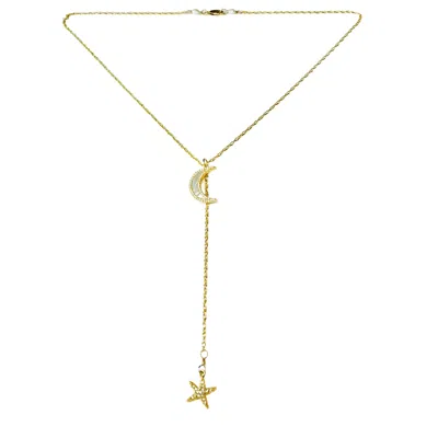 Lexi Jewelry Women's White / Gold Gold Dreamy Moon ‘n Star Sparkly Lariat Necklace