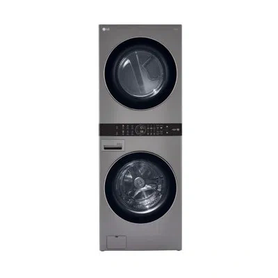 Lg Single Unit Front Load Washtower With Center Control, Washer And 7.4 Cu. Ft. Gas Dryer, 4.5 Cu. Ft. In Steel