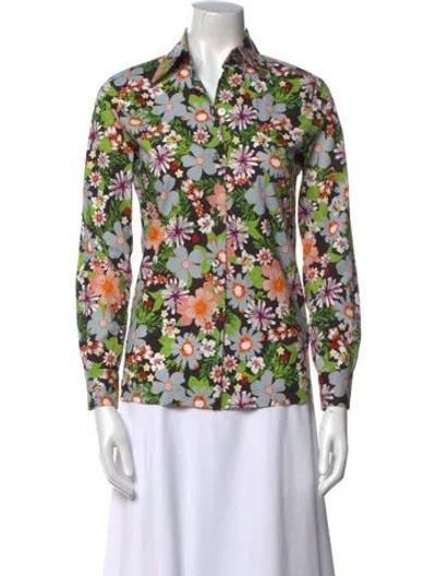 Pre-owned Lhd Floral Print Three-quarter Sleeve Button-up Top In Green