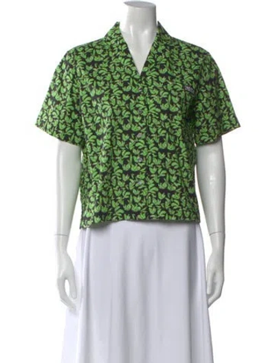 Pre-owned Lhd Graphic Print V-neck Button-up Top In Green