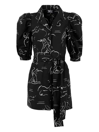 Lhd Puff Sleeve Print Dress In Black
