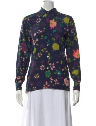 Pre-owned Lhd Silk Floral Print Blouse In Blue