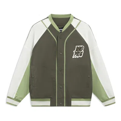 Li-ning Badfive Graphic Cotton Baseball Jacket 'olive White' In Green