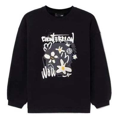 Li-ning Cf Sports Fashion Series Flowers Alphabet Printing Loose Fleece Lined Round Neck Pullover Ho In Black