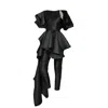 Lia Aram Black Crystal Brooch And Ruffle-trimmed Two-piece In Black