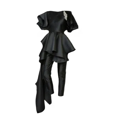 Lia Aram Black Crystal Brooch And Ruffle-trimmed Two-piece