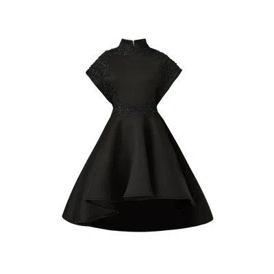 Lia Aram Women's Black Neoprene Embroidered Midi Dress