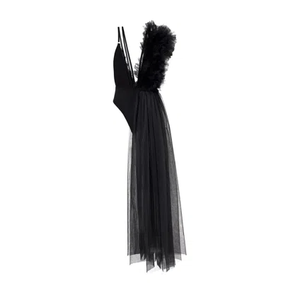 Lia Aram Women's Black Raw Edge Ruffled Bodysuit