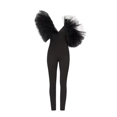 Lia Aram Women's Black Signature Tulle-trimmed Asymmetrical Jumpsuit