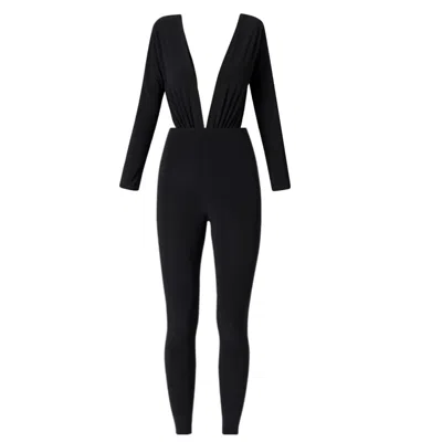 Lia Aram Women's Black V-neck Jumpsuit With Gathered Detailing