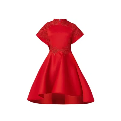 Lia Aram Women's Red Neoprene Embroidered Midi Dress