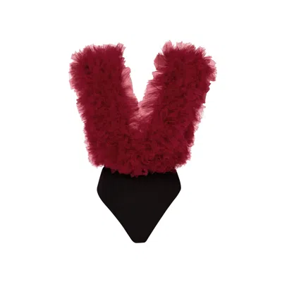 Lia Aram Women's Red Signature Burgundy Ruffled Tulle Bodysuit In Brown
