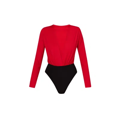 Lia Aram Women's Red V-cut Neckline Bodysuit