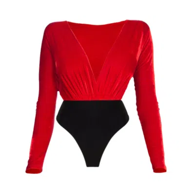 Lia Aram Women's Two-tone Red Velvet Bodysuit