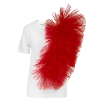Lia Aram Women's White / Red Regular Tee With Asymmetric Tulle Panel In Red